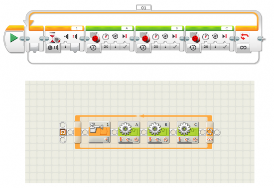 Two equivalent programs in the EV3 software (top) and NXT software (bottom).