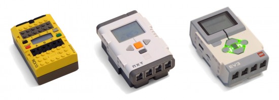 Three generations of Programmable Bricks: RCX (left), NXT (middle), EV3 (right)